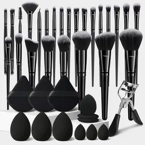 Black Facial Makeup Brush Set, 38Pieces Professional Makeup Tools Set Includes 25Pcs Foundation Concealer Powder Brushes, Makeup Sponges, Triangle Puffs, Water Drop Finger Puffs, Eyelash Curler, Black Face Eye Make up Brushes Kit for Stunning Makeup