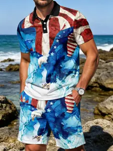 Watercolor American Flag Eagle Print Men's Polo Set, Independence Day Casual Two-Piece, Fitted Style, No Zipper, with Collar