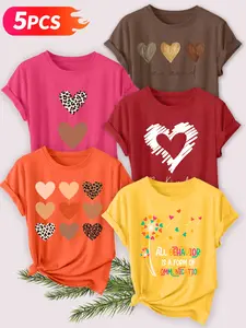 Women's 5-Piece Casual Short Sleeve Lady T-Shirts, Three Colors Heart 'be Kind' Print, Soft Fabric, Spring Summer Top