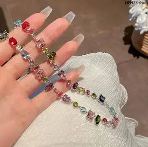 Alloy Necklace with Multicolor Synthetic Gemstones, Y2K Bling Rainbow Zirconia Clavicle Chain, for Daily Wear, Parties, and Gifting