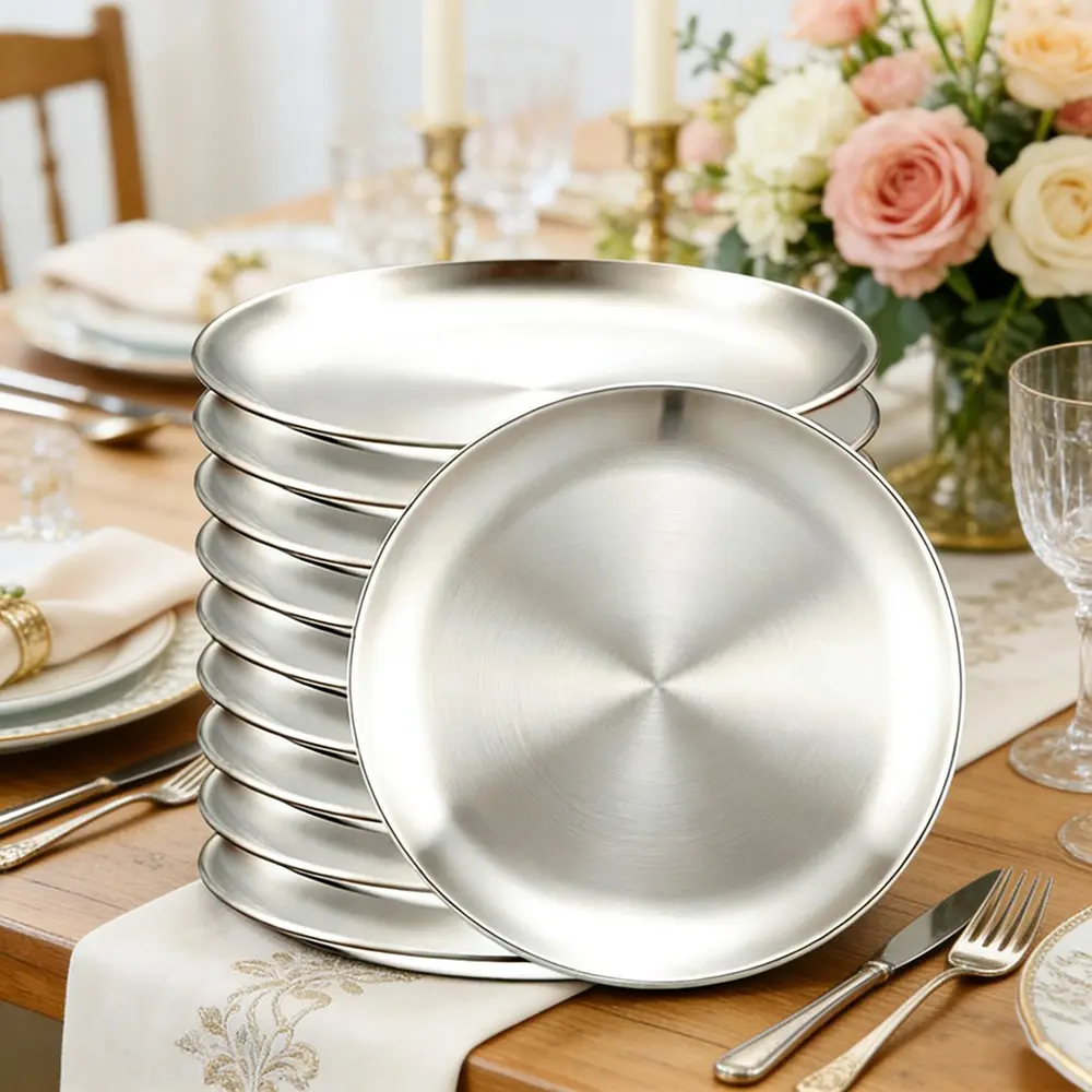 10Pcs Stainless Steel Plates Metal Silver Dinner Plates Unbreakable Dinner Dishes Plates Set for Outdoor Cooking Supplies Barbecue Home Camping Outdoor