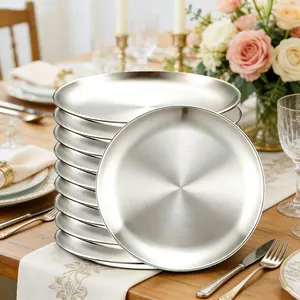 10Pcs Stainless Steel Plates Metal Silver Dinner Plates Unbreakable Dinner Dishes Plates Set for Barbecue Home Camping Outdoor