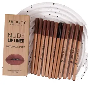 12 Piece Wood Finish Lip Liner Set Neutral Brown Nude Tones Lip Pencil Kit Long Lasting Waterproof Lip Contour Stick for Daily Makeup and Special Occasions