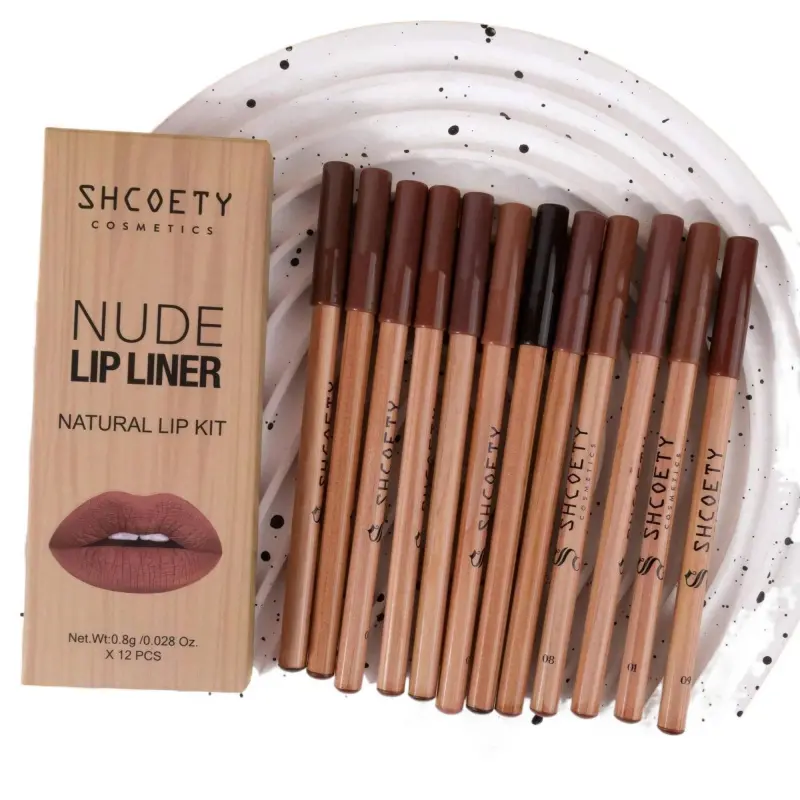 12 Piece Wood Finish Lip Liner Set Neutral Brown Nude Tones Lip Pencil Kit Long Lasting Waterproof Lip Contour Stick for Daily Makeup and Special Occasions