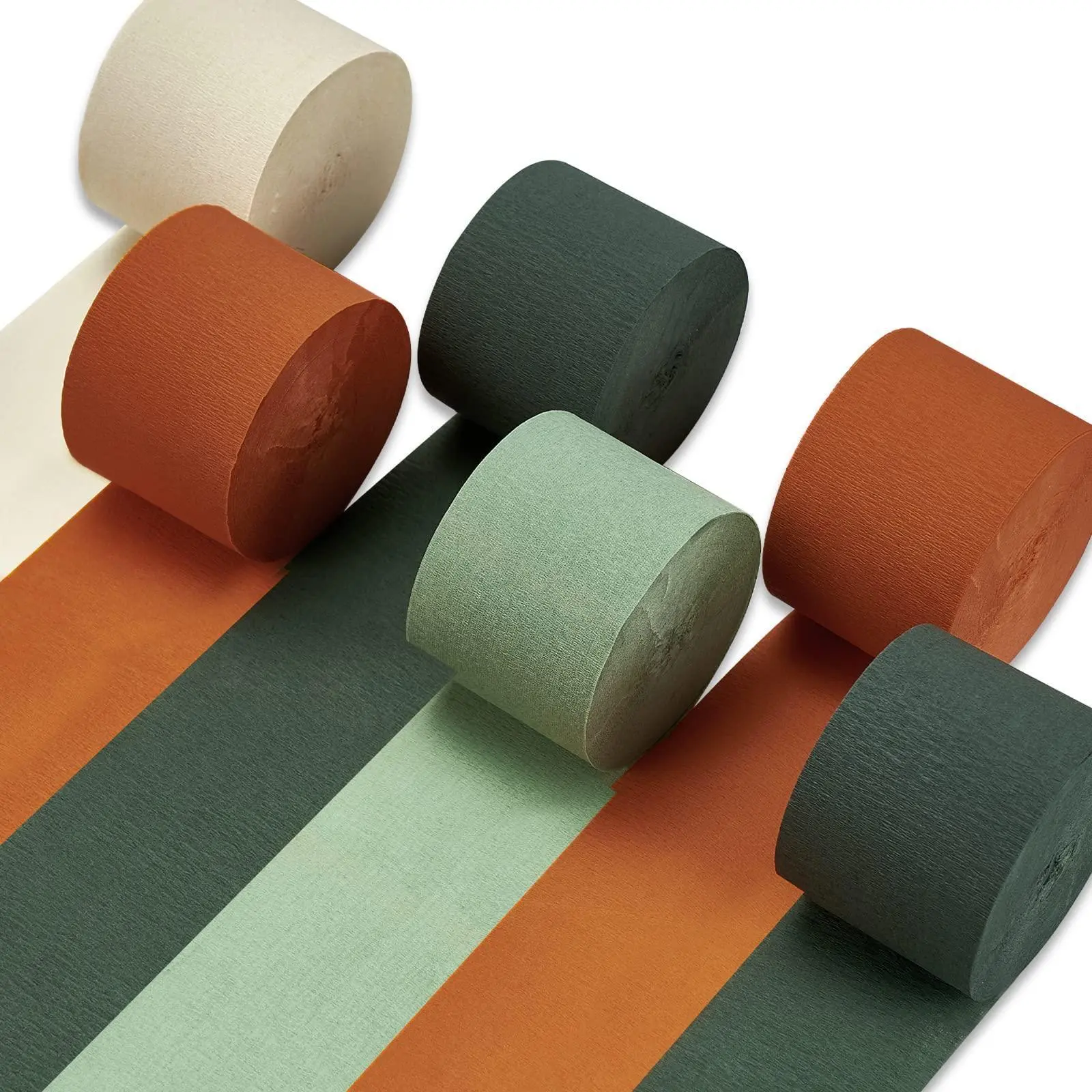 PartyWoo FSC Certified Crepe Paper Streamers, 6-Piece 492 ft Pack (1.8 in x 82 ft Each) - Sage Dark Green,Burnt Orange,Sand White Twist Paper Streamers for Jungle Theme Babyshower,Create Dramatic Setting, Create The Dramatic Setting, Easy To Decorate
