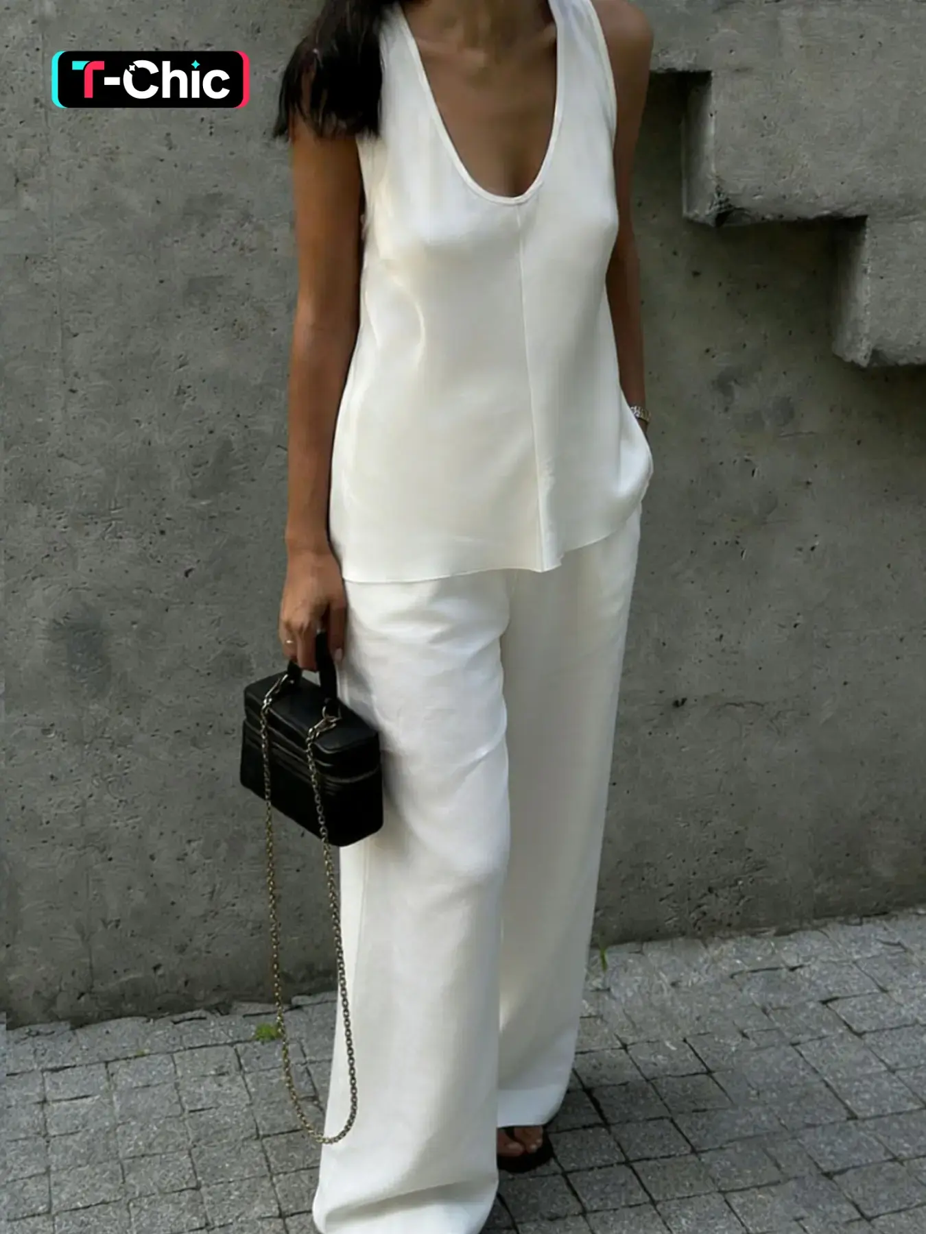 Casual Minimalist Sleeveless Tank Top Set, Monochrome Basic Two-Piece, Perfect for Relaxed Style, Ideal with Long Pants, Casual Summer Set
