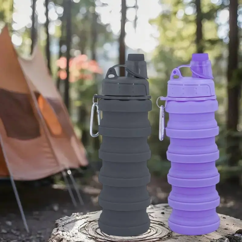 2-Pack Silicone Folding Sports Water Bottles, Flip-Top Design, Portable Reusable, Leak-Proof Foldable with Carabiner, Lightweight and Durable, Suitable for Camping, Hiking, Cycling