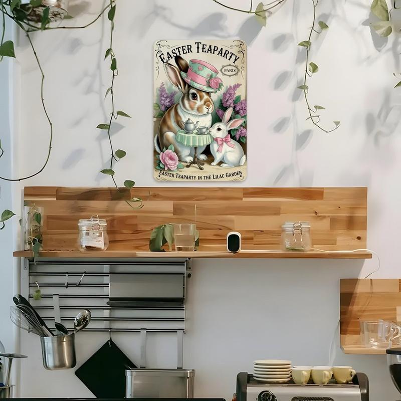 Easter Bunny Tea Party Tin Sign, Vintage Parisian Easter Rabbits Metal Sign Print Aesthetic Room Decoration for Home Bedroom Kitchen Bar Coffee Bathroom Indoor Outdoor Wall Decor, 8 X 12 in