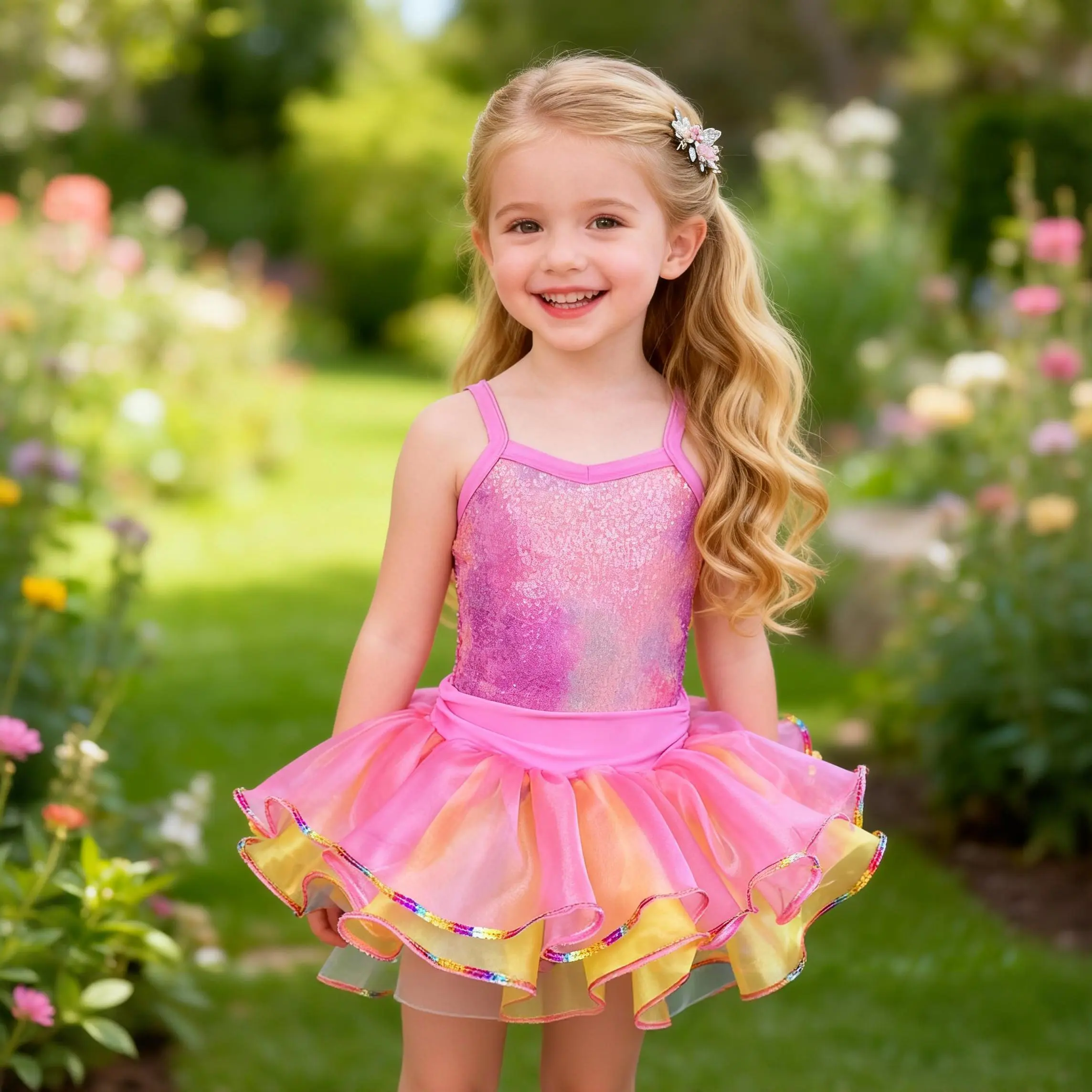 Fancy Sequin Dance Dress for Little Girls | Ombre Tulle Ruffle Skirt | Children's Ballet Performance Outfit& Party Outfit Danceclothing