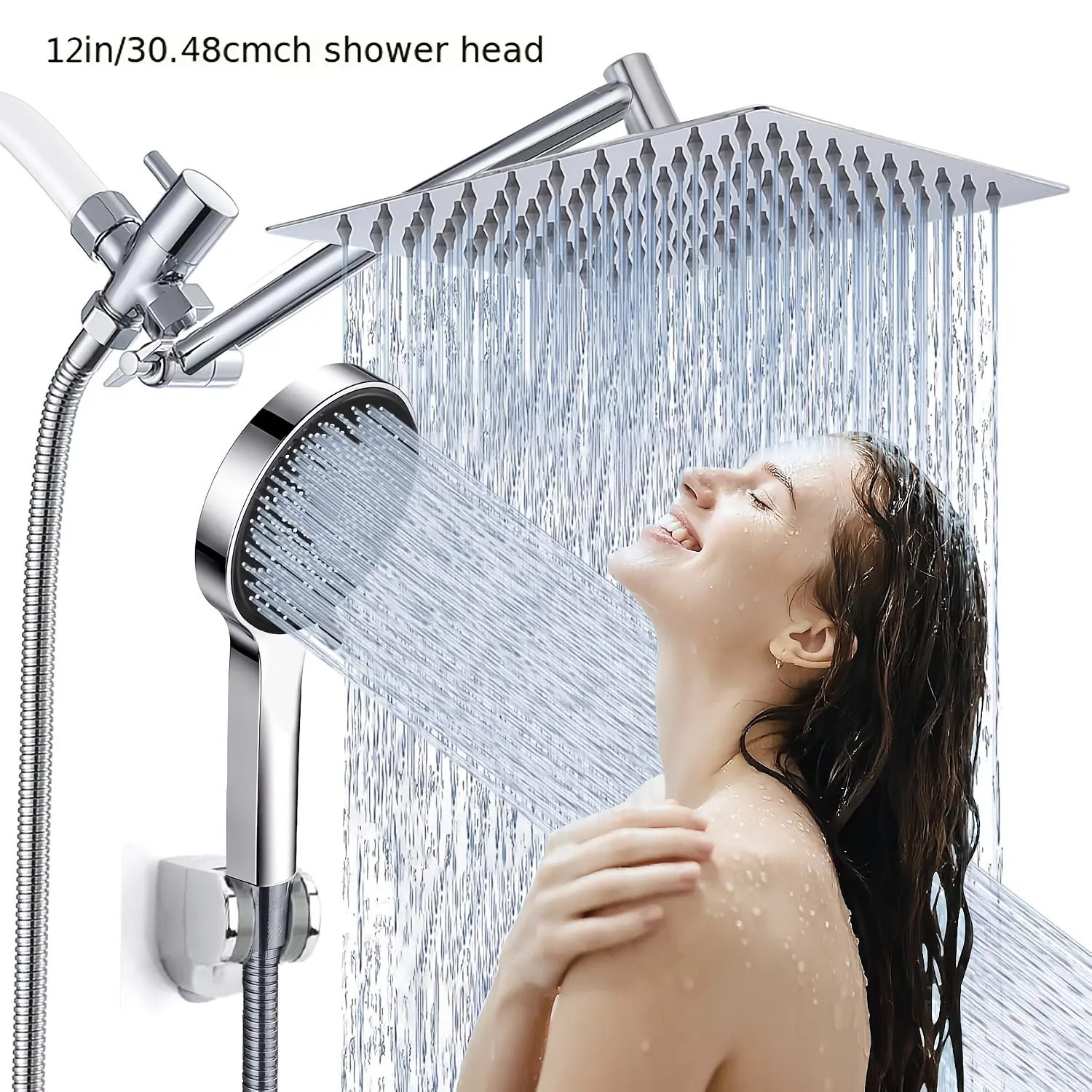 Chrome 8-Inch High-Pressure Rain Shower Combo Set (Shower System) with Included 11-Inch Adjustable Extension Arm, 3 Spray Settings, No-Drilling Adhesive Anti-Leak Handheld, for Anyone Upgrading Bathrooms, Hotel-Style Rainfall & Full-Body Coverage