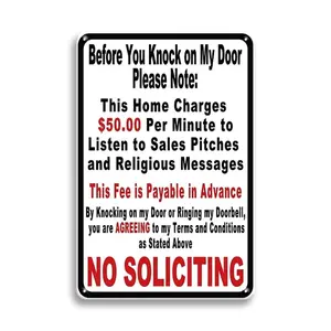 No Soliciting Sign, 1 Count Metal Tin Sign, Home Charges Per Minute Funny Sarcastic Wall Posted Plaque, Indoor & Outdoor Sign for Home Living Room Office Garage, Decor