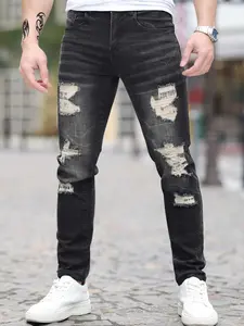 Men's Ripped Jeans Pants, Trendy Patched Elastic Slim Fit Casual Long Trousers, Spring & Fall Fashion 2026 New Arrival