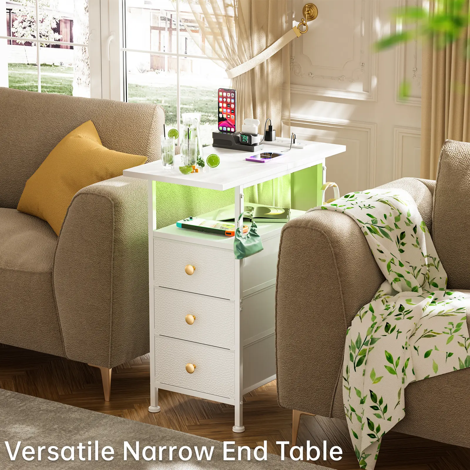 White Slim Nightstand with Charging Station & LED Lights, Narrow Wood Side Table with Shelf & 3 Fabric Drawers, Built-in Charging Ports Living Room Furniture, Small Space Desk with Adjustable Legs for Uneven Floors, 58x30x60.5cm