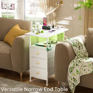 Slim End Table with Charging Station & LED Lights, Narrow Side Table with Shelf and 3 Fabric Drawers, Modern Bedside Nightstand for Bedroom, Living Room, Small Spaces, White 58 x 30 x 60.5 cm