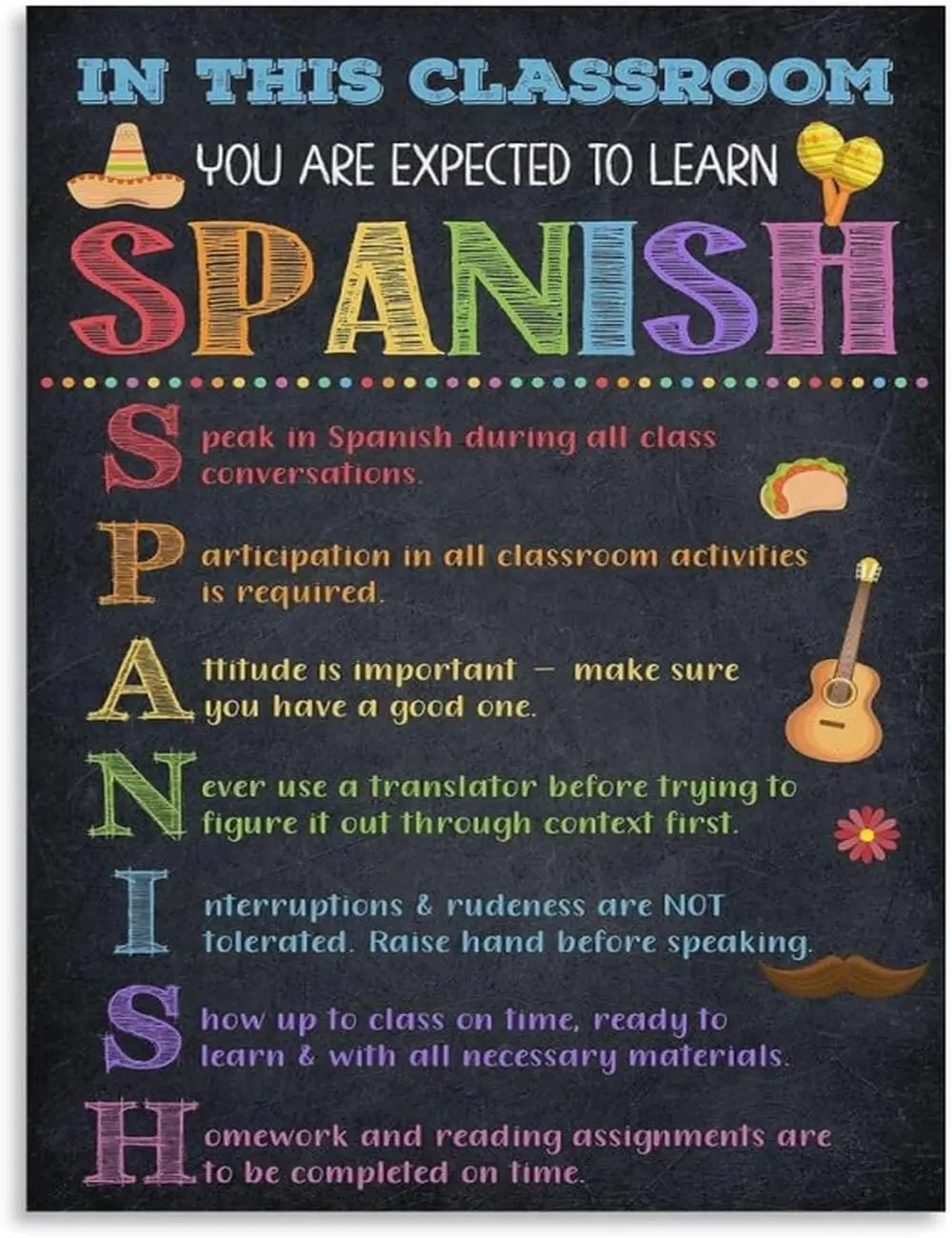 Spanish Class Rules Poster, Spanish Classroom Decor, In This Classroom You Are Expected to Learn Spanish Poster, Spanish Teacher Wall Art, Classroom Rules Sign, Spanish Language Learning Poster, High School Classroom Decor, Teacher Poster