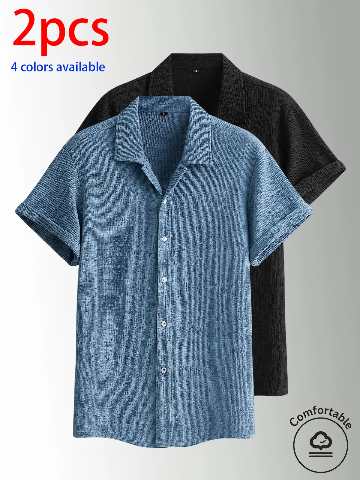 2-pack men’s summer short-sleeve shirts: men’s short-sleeve shirt, men’s shirt. Textured checkered short-sleeve shirt with button design; loose fit, turn-down collar, solid color, lightweight and breathable. Available in multiple colors—solid and versatil