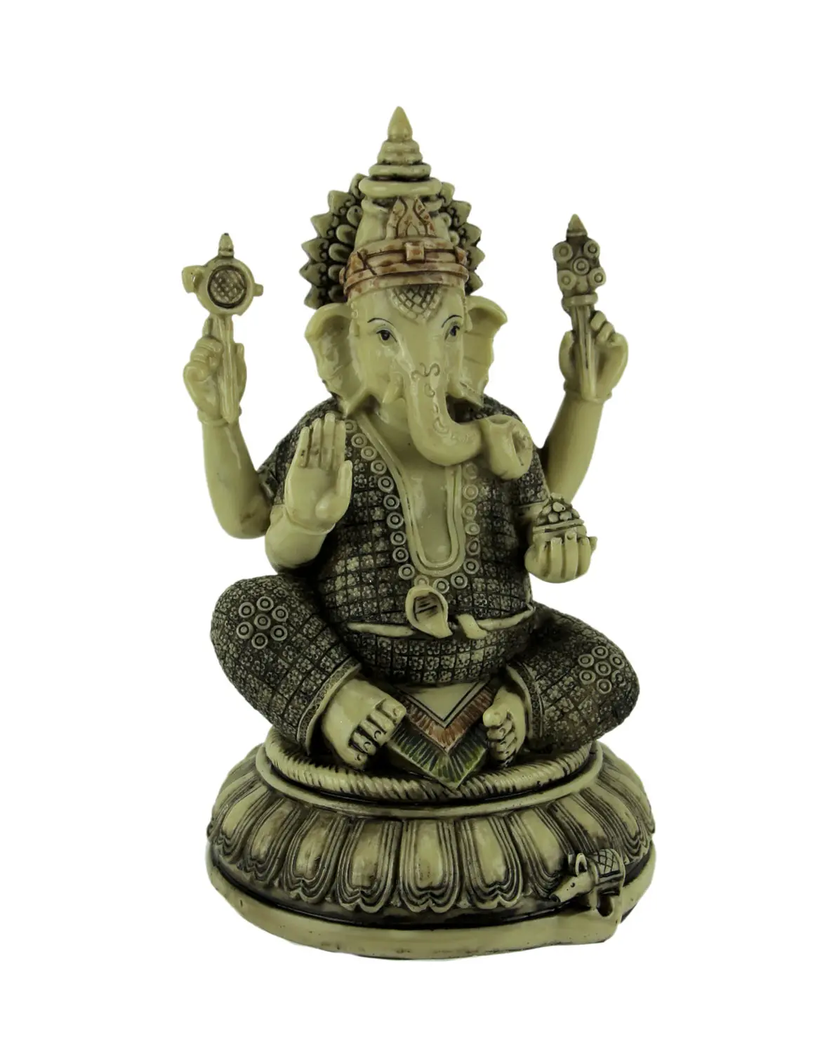 Antique White Ganesh Statue on Lotus - 9.25in Resin, Hindu Elephant God for Wisdom Decor