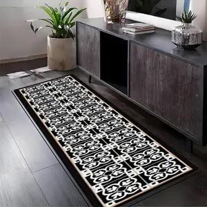 1pc of Black And White Floral Geometric Pattern Vintage Style Kitchen Rug, Hallway Carpet, Long Runner, Soft And Durable, Machine Washable And Easy to Clean,  Non-Slip Backing, Suitable for Kitchen Mats