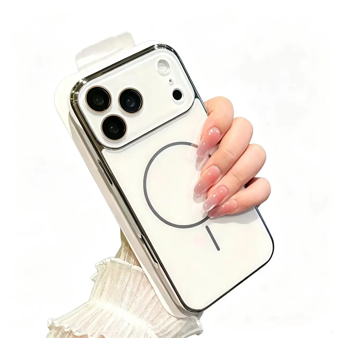 Electroplated Frame AG Matte Thin Ring Magnetic Phone Case Cover for iPhone 17 Pro Max/Air, 16 Pro Max, 15/14/13/12 - Glass Back Panel, Protective Anti-Drop Shockproof, High-End Women's Accessory with Lens Screen Protector