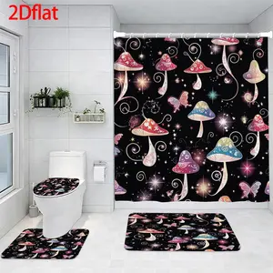 4-Piece Bathroom Sets Full Set Magic Mushroom and Butterfly Pattern Four-Piece Curtain Set Elegant Decor Shower Bath funny Accessories U-Shaped floor Seat Cover Cushion Toilet Lid Rug Carpet Non-Slip  Shape Mat Gifts Style toilet waterproof
