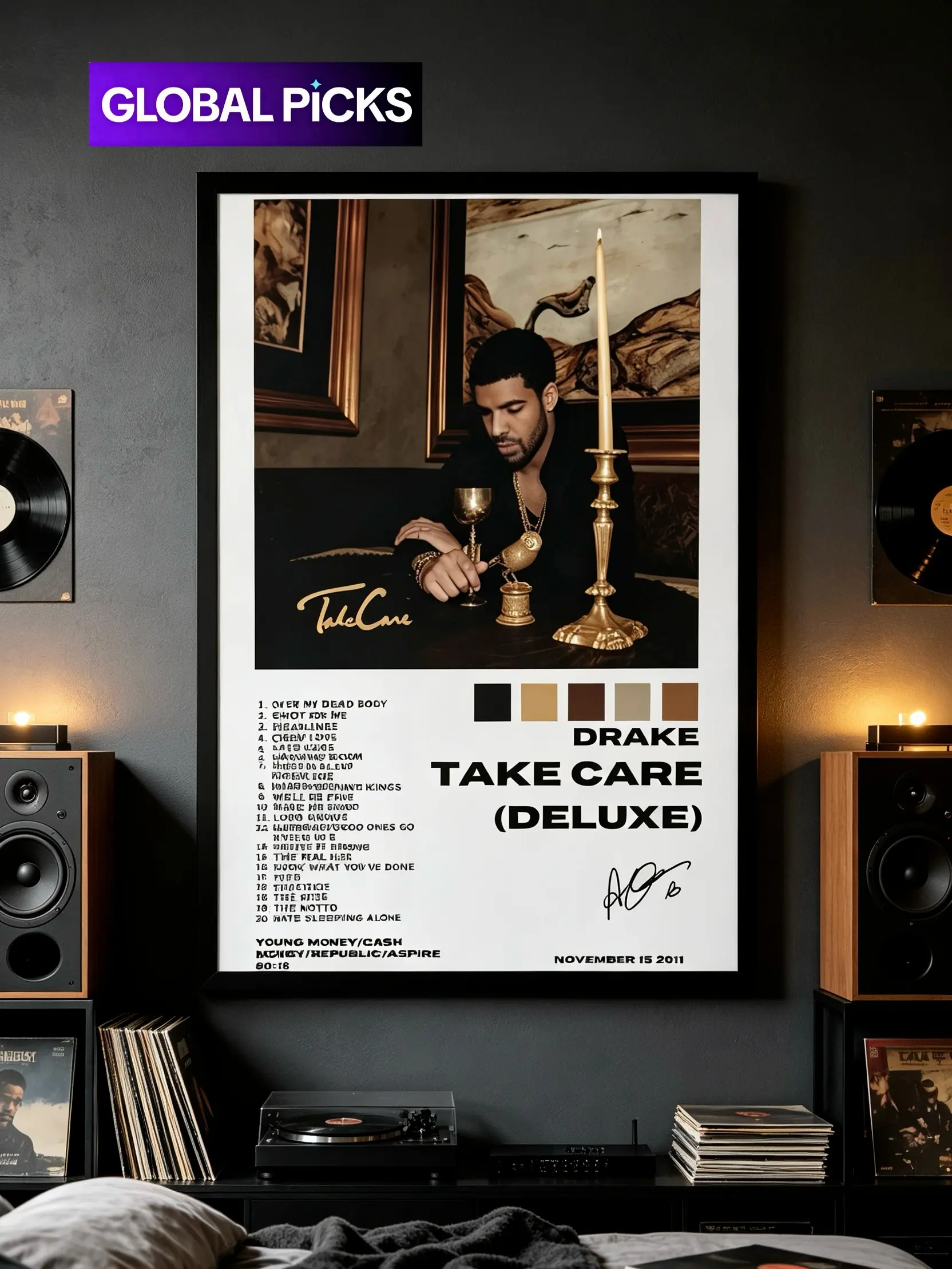 Drake Take Care Deluxe Album Framed Canvas Wall Art, Hip Hop Rap Vintage Album Cover Aesthetic Print, Ready-to-Hang Home Decor for Bedroom, Gift for Rap Fans, Album Art