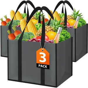 Grocery Bags with Handles - 3 Pack, 35L Large Shopping Bags for Groceries, Water-Resistant & Foldable Grocery Totes for Lasting Use for Kitchen, Market,  Trunk, Picnic (Gray)