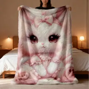 Cute Bunny Flannel Blanket, Soft Warm Comfortable, Suitable for Sofa Bed Office Travel, Multifunctional All-Season Gift
