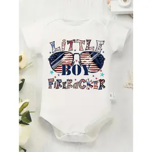 Independence Day Cute Baby Bodysuit with Little Boy Firecracker Patriotic Sunglasses Print Soft Versatile Round Neck Button Detail Regular Fit All Seasons Knitted Fabric Onesie for 0-12 Months