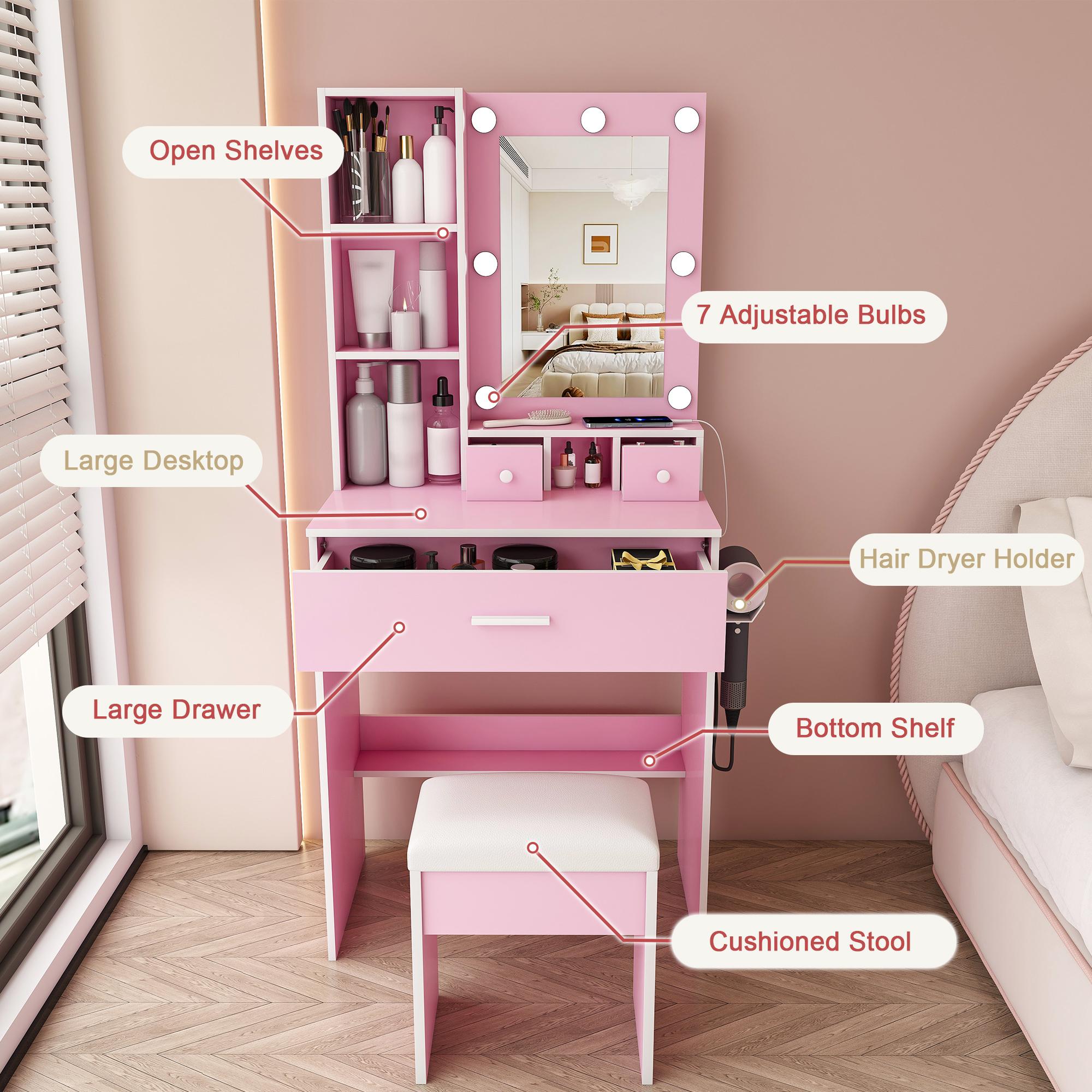 Makeup Vanity Desk with Adjustable LED Mirror, Built-in LED Lighting, Power Outlet, Hairdryer Holder & Stool, Compact Indoor Furniture for Small Bedrooms (Fixes Poor Lighting & Tangled Cords), Adjustable Led Vanity Mirror Makeup Vanities Makeup Vanity Desk with Adjustable LED Mirror, Built-in LED Lighting, Power Outlet, Hairdryer Holder & Stool, Compact Indoor Furniture for Small Bedrooms (Fixes Poor Lighting & Tangled Cords), Adjustable Led Vanity Mirror Makeup Vanities