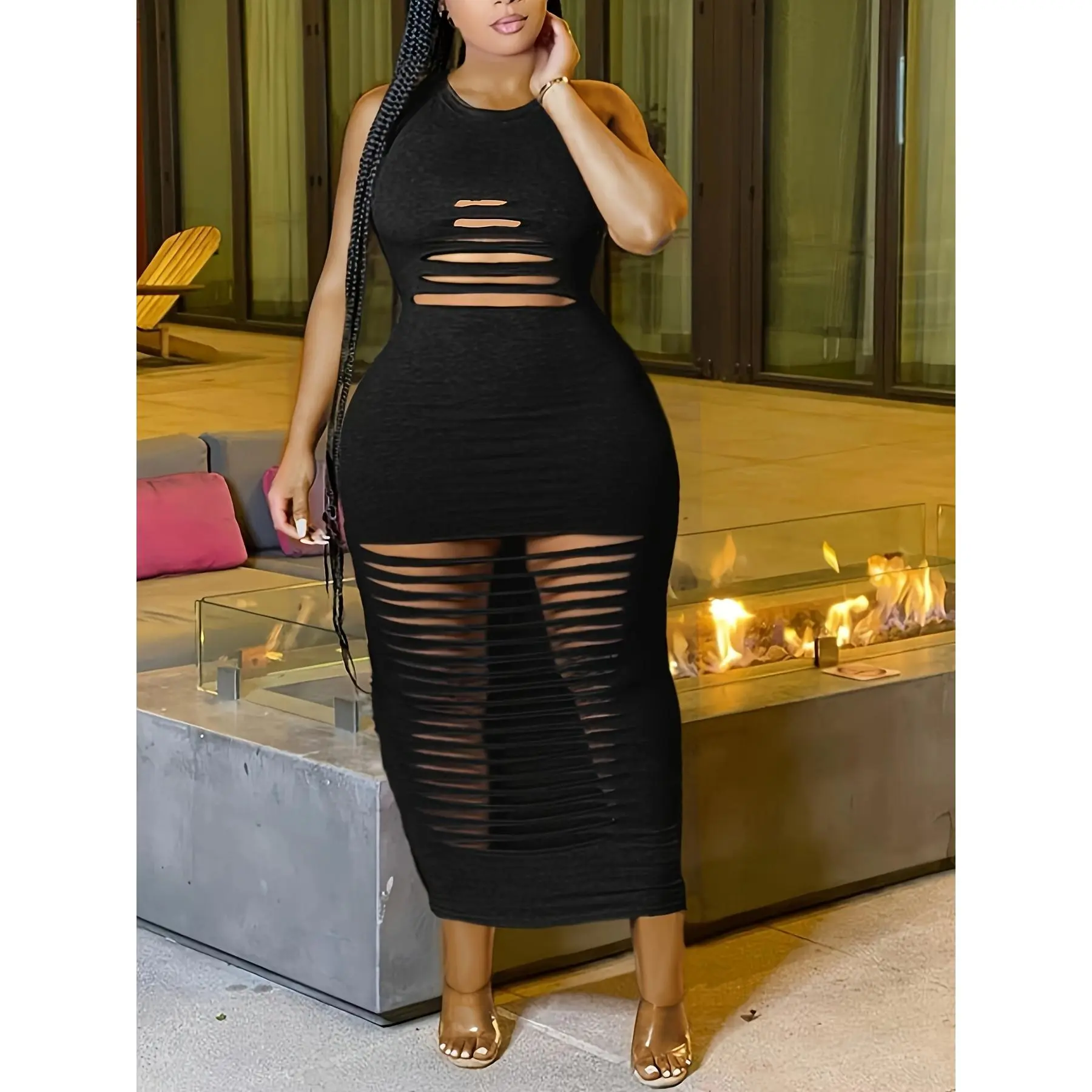 Plus Size Solid Cut-Out Bodycon Dress, Sleeveless Knit Crew Neck Tank with Slight Stretch for a Night Out, Elastane, 1Xl, Dry Clean, Lady, Women, Plussize, Dress Up, Night Out Clothes For Women, Plus Size Dresses