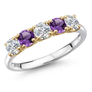 925 Silver and 10K Yellow Gold Lab Grown Diamond and Purple Amethyst Wedding-Bands Ring For Women | 1.31 Cttw | Round 4MM | Gemstone April Birthstone