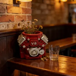 Creative V8 Engine Flower Pot Decoration, Desk Pen Holder Planter, Indoor Outdoor Decorative Craft, Unique Home Office Accessory