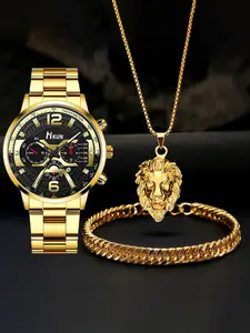 Men's Watch & Lion Head Pendant Necklace & Bracelet Set, Fashion Watch Set for Party, Daily Clothing Decor, Trendy All-match & Exquisite Watch Set for Birthday Gift