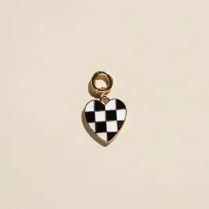 Black & White Checkered Heart Charm-Gold