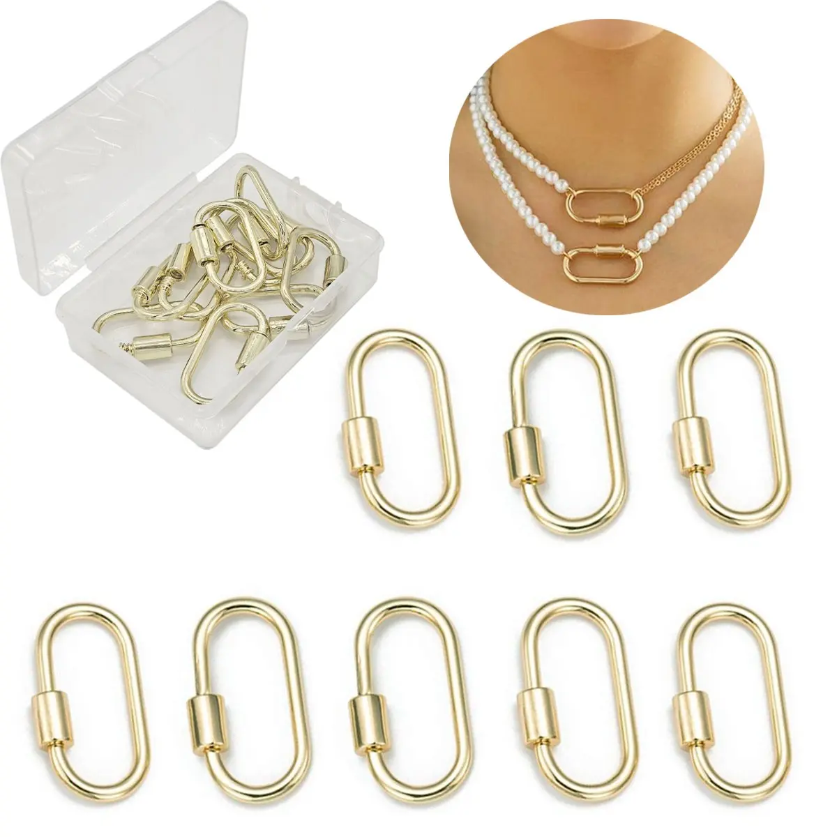 8Pcs Brass Screw Carabiner Lock Charms Golden Oval Necklace Lock Clip Charms for DIY Jewelry Making Charm Accessory