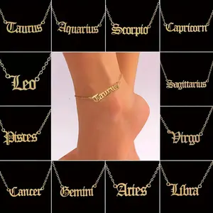 Stainless Steel Fashion Vacation Style 12 Constellation English Letter Women's Foot Chain Seaside Beach Accessories Dainty Layered Anklet Adjustable Anklet Personalized Jewelry Gift Goddess Gold Plated, Elegant Fashion Accessories, Fashionable Accessories