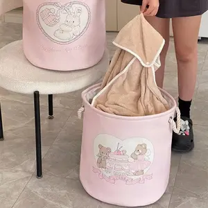 Cute with Handles Laundry Basket Large Capacity Cartoon Bear Rabbit Toys Storage Basket Foldable Round Clothes Basket Bedroom
