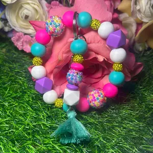 Cotton candy wristlet keychain set color scheme turquoise, purple, hot pink, white and bling beads handmade with wire