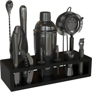 13-Piece Cobbler Cocktail Shaker Set: Black Polished Bartender Kit For Home Cocktail Set |   Engraved Cocktail Tools |   Plus-Book with 30 Cocktail Recipes