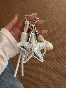 Silver Cracked Pentagram Pendant, Trendy Ins-Style Paired With Pearls, Checkered Wooden Bead Tassel Decoration, Bag And Keychain Accessory, Keychain For Bags, Small-Batch Design With A Girlish Touch, Fashionable Car Keychain