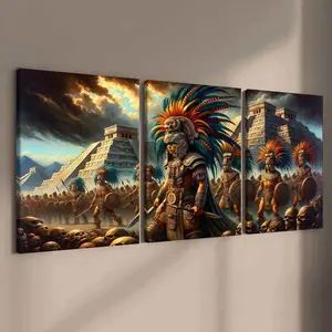 Three Wooden Frame Canvas Art, Aztec Warrior Army Vintage Decor, Modern Wall Art, Perfect Living Room Poster, Odorless Home Decoration
