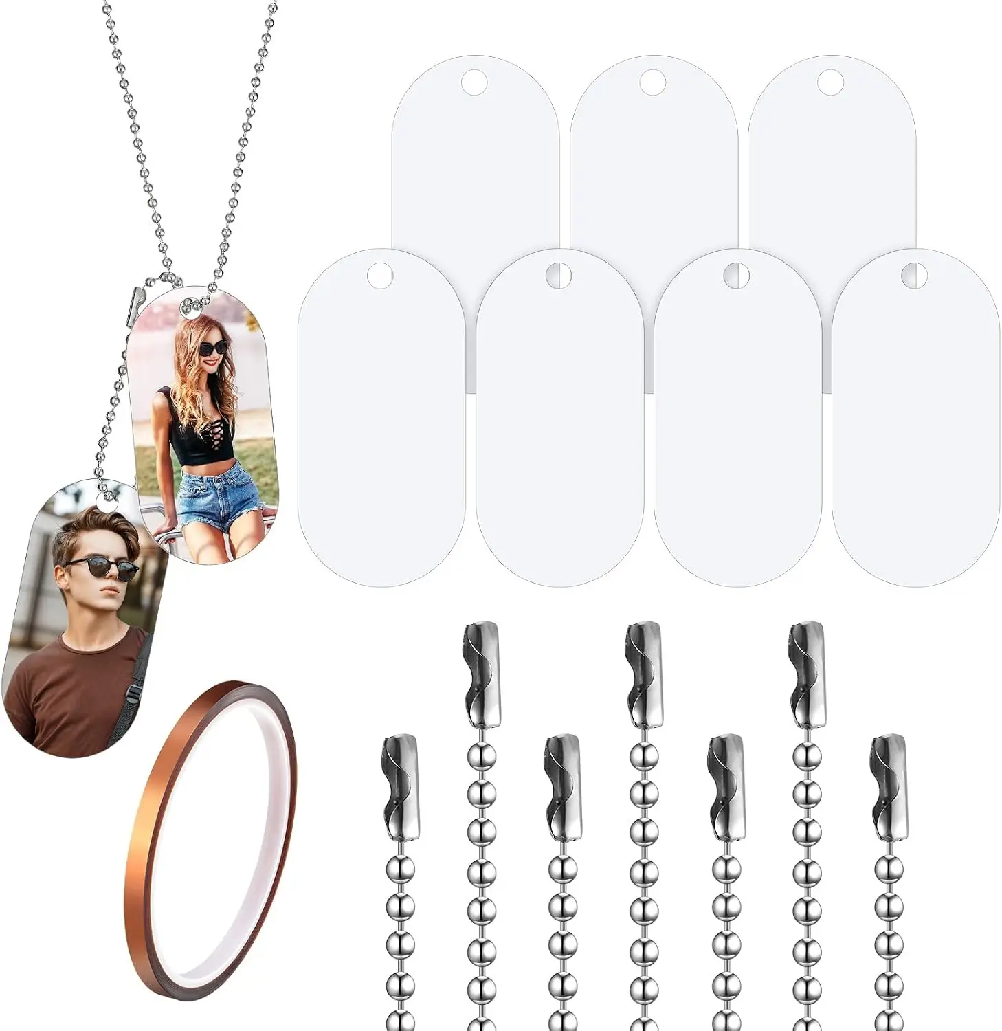 Hicarer 50 Sets Sublimation Blank Dog Tags with Chain Aluminum Blank Dog Tags Necklace for Sublimation Double Sided DIY Custom Tag Necklace Blanks Bulk Includes Heat Tape