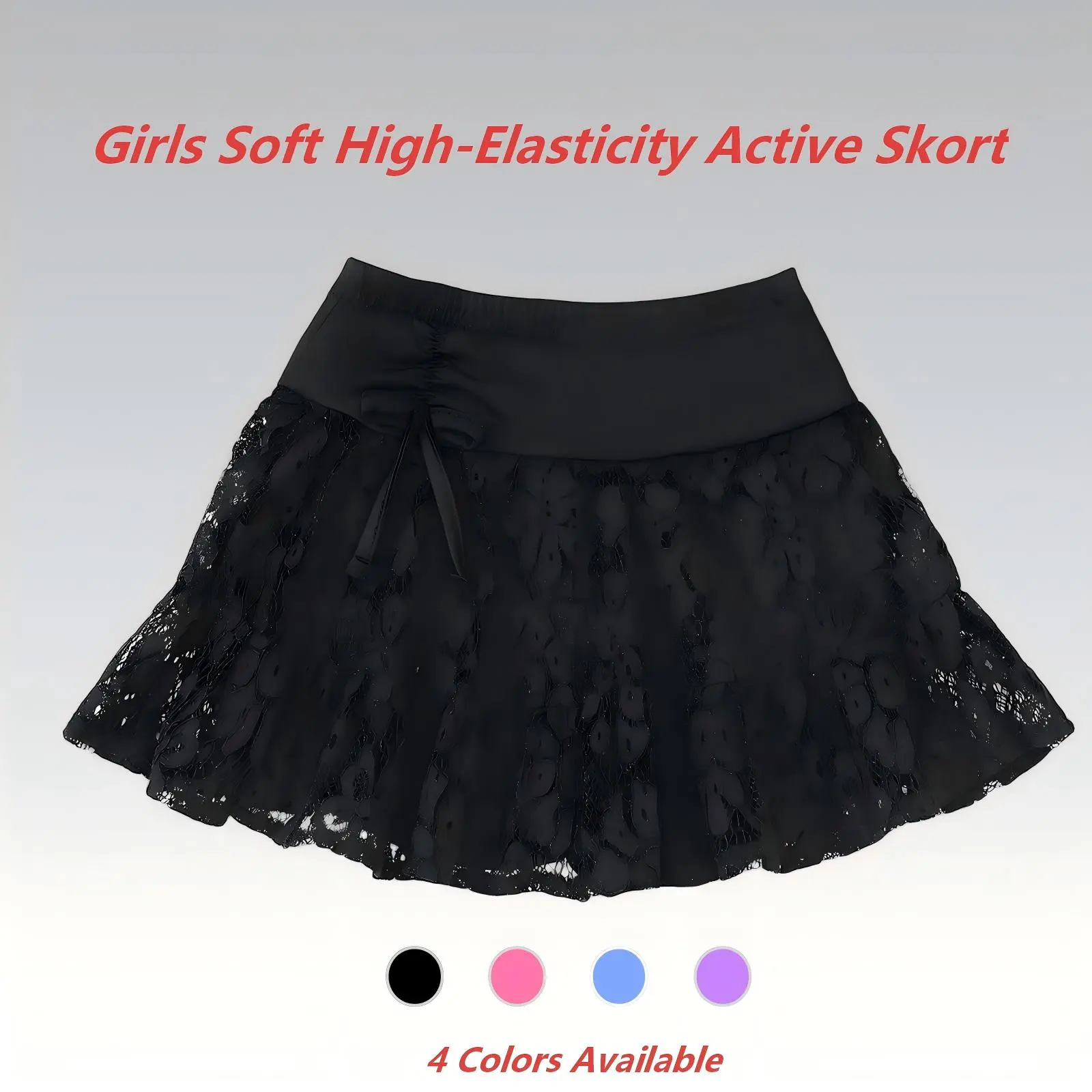Girls' Nylon High-Elasticity Summer Athletic Short Skirt - 4 Colors, Double-Layer with Built-In Quick-Dry Liners, 16% Spandex, Breathable Fitted Toddler Wear (2T-8T Sizes) for Volleyball, Tennis, Golf, Lace Pattern, Side Bow Tie
