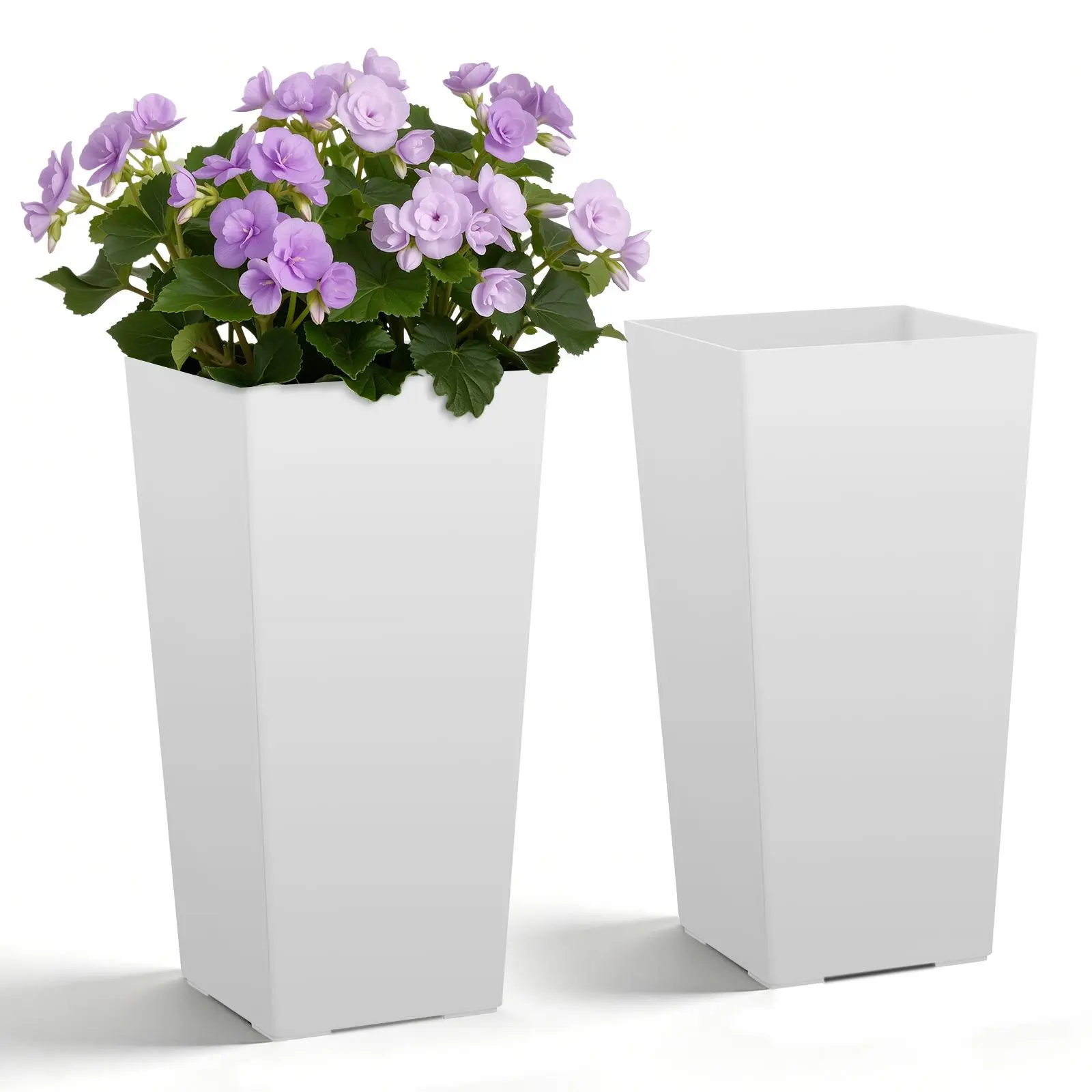 【SummerFinds】VEVOR Tall Planters Set of 2, 22 Inch Large Outdoor Taper Planters for Outdoor Indoor Plants, Front Porch Plastic Modern Flower Pots with Casters, Inner Pot & Drainage Holes for Patio, Garden, White