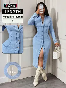 Elegant Summer Women's Dress, Slim-Fitting Long Sleeve Denim Dress, Casual Denim Dresses, Casual Solid Color, Front Button Design, Daily Wear