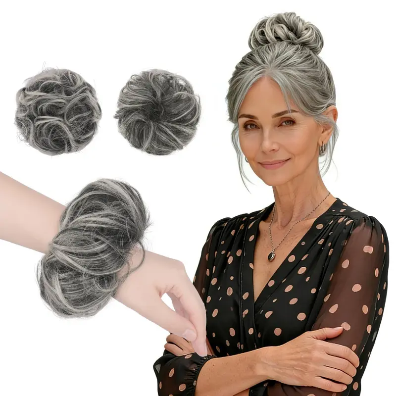 2 Pack Messy Bun Hair Scrunchies Small Wavy Synthetic Hair Extensions For Thin Hair Elastic Space Bun Updo Hairpieces Black Gray With White Highlights Women Daily Hair Accessory