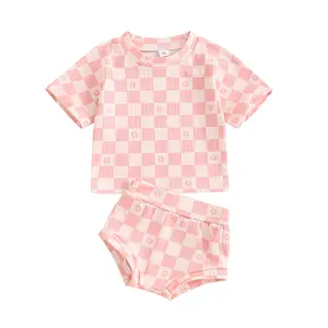 Toddler Infant Baby Girls Summer Outfits Sets Short Sleeve Checkerboard Print Tops PP Shorts 2PCS Clothes Sets