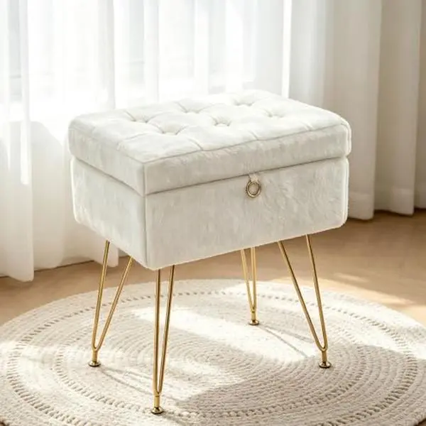 GARVEE Vanity Stool Chair with Storage,Vanity Bench,Faux Fur,White,Modern Cute Small Footrest,Soft Ottoman,Metal Legs,Adjustable Feet,Footstool for Living Room,Bedroom,Makeup Room,White