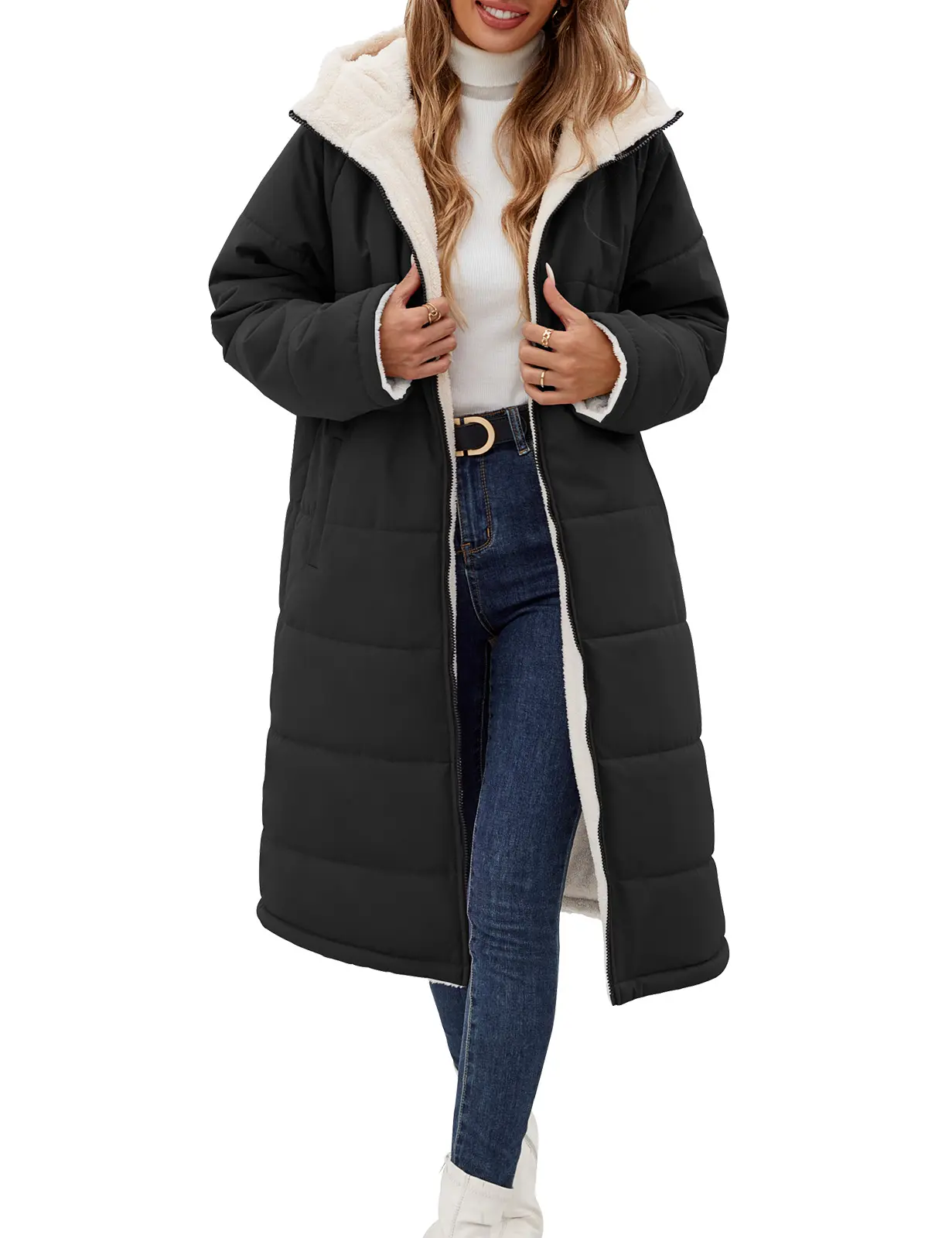FASHORA Women's Regular Fit Heavyweight Sherpa Fleece Coat Jacket with Pockets, Casual Fall & Winter Hooded Coat for Daily Commute Reversible