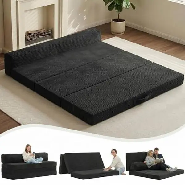 Tri-Folding Mattress Futon Sofa Bed, Convertible Foldable Mattress Foldable with Removable Cushions & Washable Cover, Floor Mattress Small Couch Bed Living Room